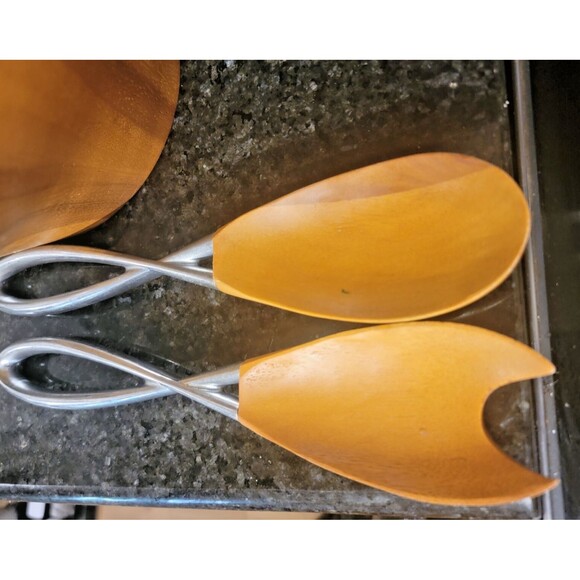 Luxury Nambe Acacia Wood Large Salad Serving Bowl Fork & Spoon Silver Accents - Picture 5 of 16